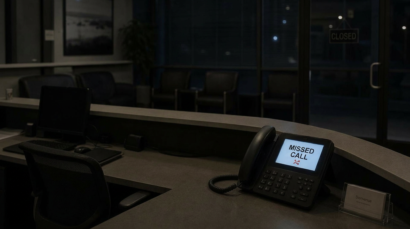 A quiet office reception desk after hours, with a desk phone showing a notification light.