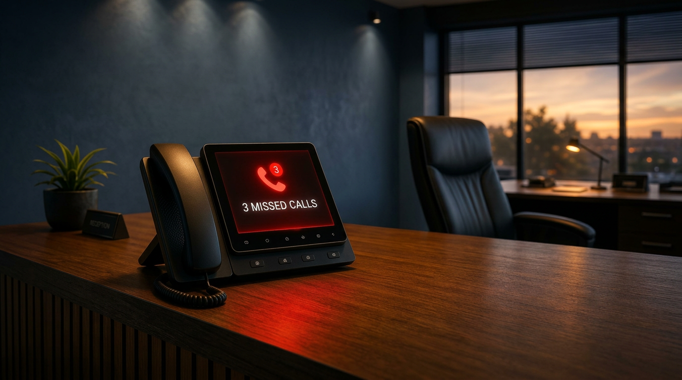 A quiet office reception desk after hours, with a desk phone showing a notification light.