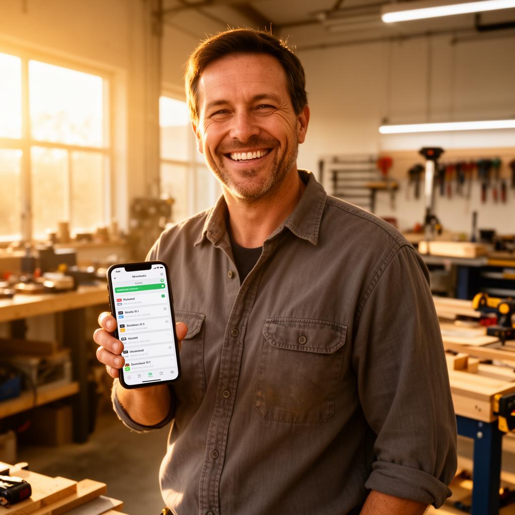 Happy small business owner holding a phone full of booked jobs in a bright workshop