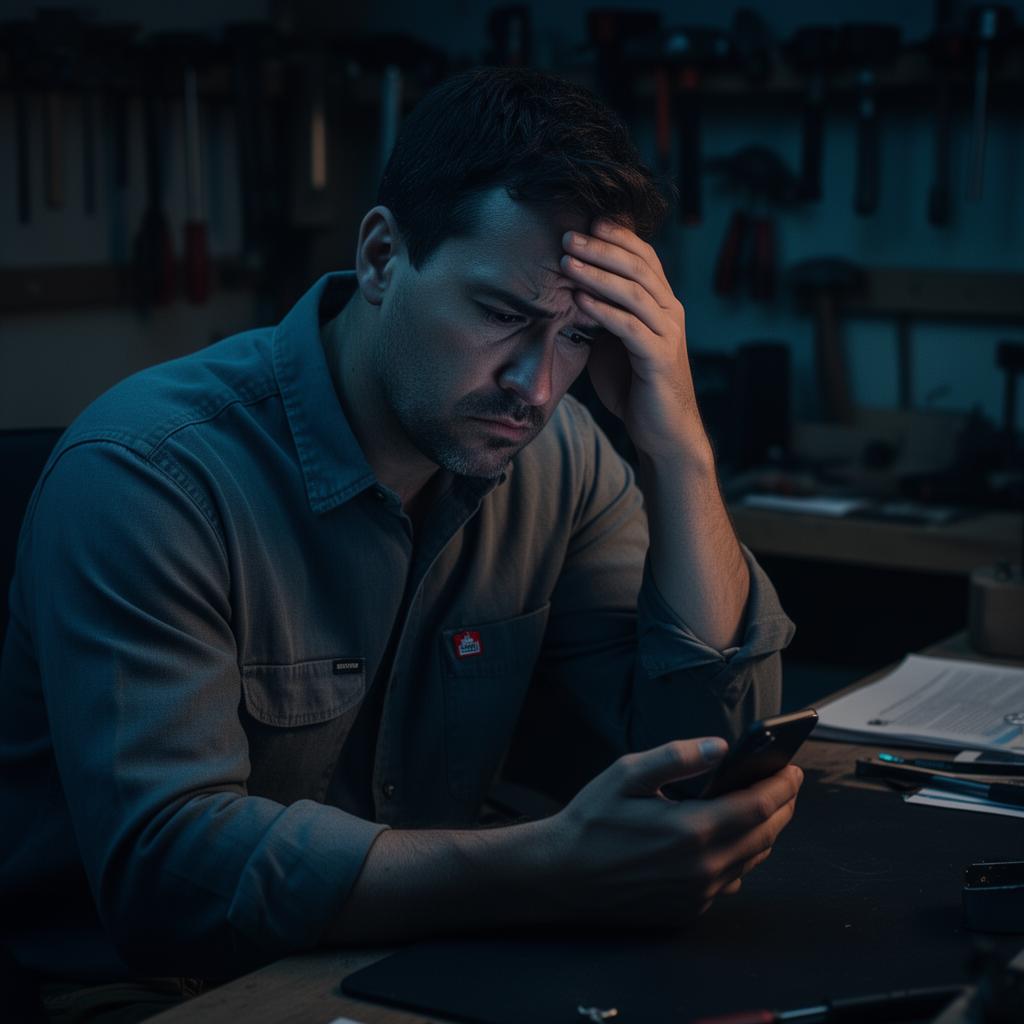 Exhausted small business owner staring at missed calls in a dim workshop